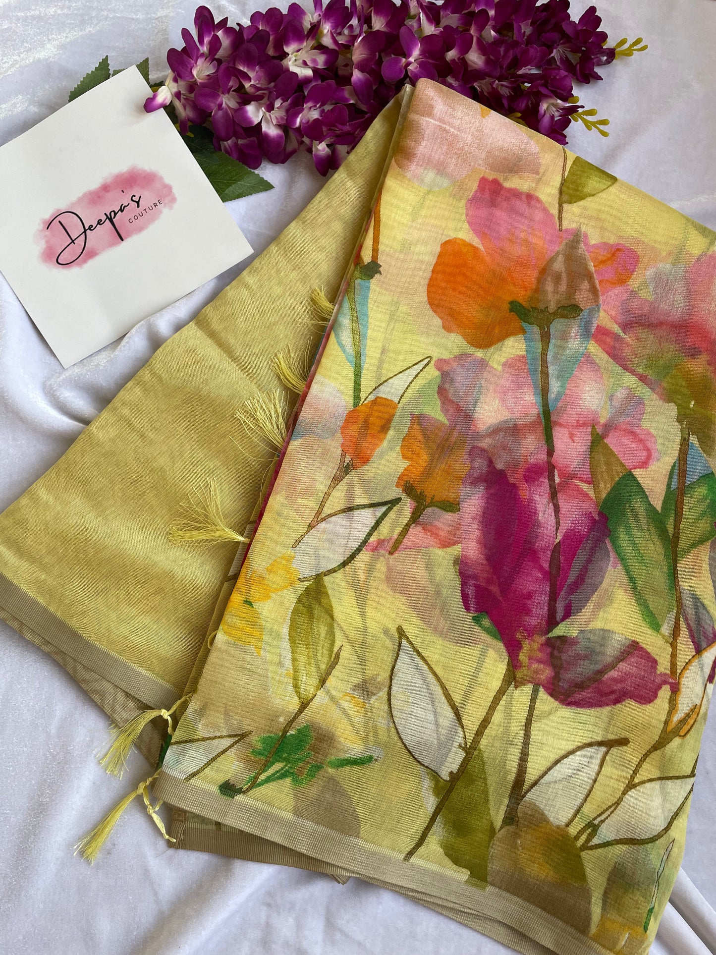 Floral prints linen saree